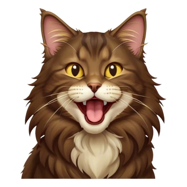 Cinematic Cute Dark Brown Maine Coon Cat Portrait Emoji, Head tilted playfully and yawning, sleek deep brown and gold tones with subtle hints of black, Simplified yet adorable features, highly detailed, glowing with a warm, friendly glow, high shine, curious and affectionate, stylized with a touch of whimsy, bright and alert, soft glowing outline, capturing the essence of a mischievous yet loving kitten, so endearing it feels like it could leap out of the screen and stretch with its fluffy tail swishing! sticker