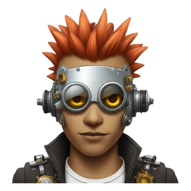 Light red Mohawk hair male cyborg head with white steampunk goggles and circuits sticker