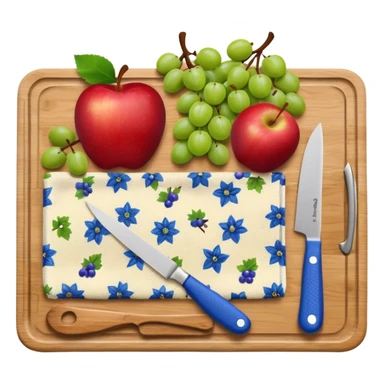 Blue floral kitchen towel with cutting board and knife and fruit   sticker