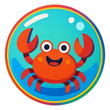 cheerful cartoon crab inside a shiny bubble, vibrant colors, whimsical style sticker