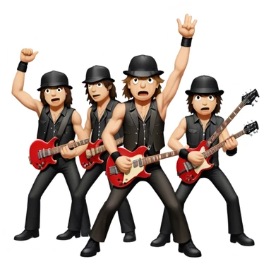 Cinematic Realistic AC/DC Band Emoji, depicted as a high-energy rock ensemble with electrifying stage presence and gritty textures, rendered with bold vibrant lighting that captures the raw power and rebellious spirit of their music. sticker