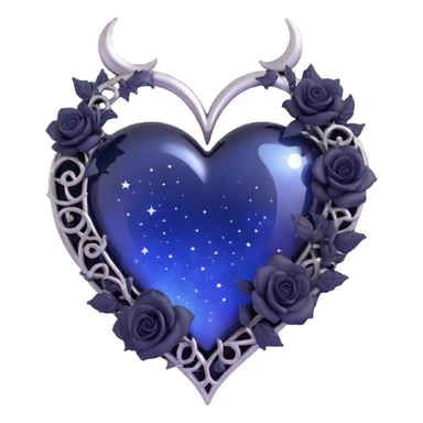 gothic heart made of midnight blue glass with a silver crescent moon, tiny black roses, shimmering stardust, misty night sky background sticker