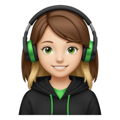 a girl with brown hair blonde ends green and wearing black headphones baggy hoddie she is happy  sticker