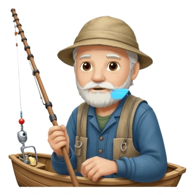 an old white haired, bearded man in fisherman attire, sat in a big boat on a calm sea, holding one fishing rod in one hand, with the end of the fishing line touching the water sticker