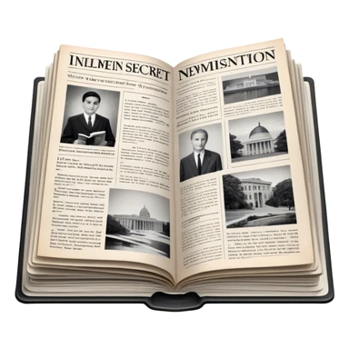 Icon for Non-Fiction & Narrative Reading: an open book with black-and-white photos on the pages, surrounded by a pile of newspaper clippings, and an open folder with top-secret documents. The icon should reflect the blend of real stories and facts in non-fiction literature. Transparent background. sticker