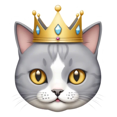 a British-short-hair cat (grey and white) is wearing a little crown sticker