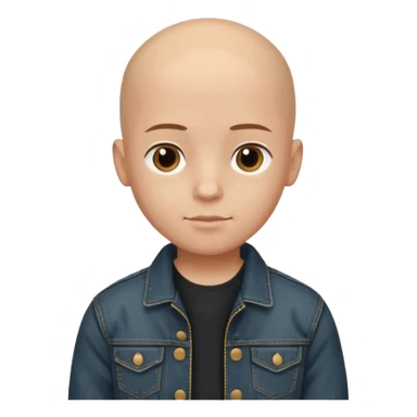  a young boy with bald head, black jeans jacket, plain forehead sticker