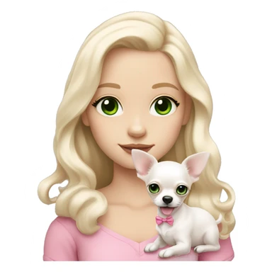pale blond girl with wavy long platinum hair with green eyes holding a white chihuahua puppy that wearing a pink bow sticker