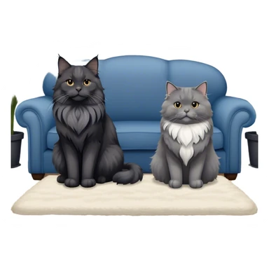 A large black smoke Maine Coon cat with long grey ear tufts and a fluffy grey ruff, sitting next to a chubby British Shorthair cat in blue color with plush fur, both sitting comfortably on a sofa. Beautiful room background with flowers and soft lighting. Transparent background. sticker