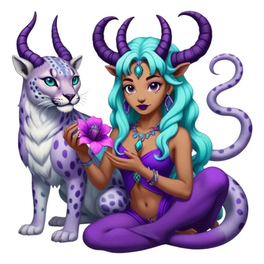 Feminine Scorpio Baphomet standing among trippy purple and teal mushrooms.. she’s petting a snow leopard  and holding a scorpion  sticker