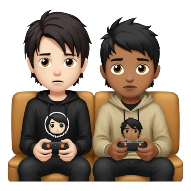 pale Goth boy with a bunch of face piercings, with shaggy dark brown hair, next to a Carmel  skin gamer boy with long black hair , they are watching tv together  sticker