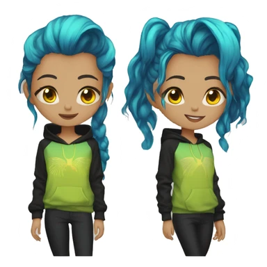 Lady with brunette and iridescent blue hair, gold, lime green dragon wings, black hoodie, bleach dyed, black and gold Nike t shirt, and bright red eyes sticker