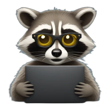 racoon wearing glasses programming on a black laptop sticker