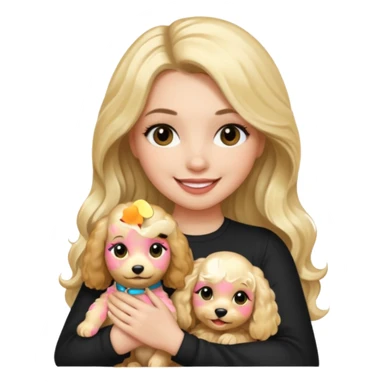 Make a girl with long black silky hair and makeup on be holding a blonde cocapoo sticker