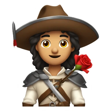 canela skin boy dark hair musketeer with hat and red rose shoulder medieval cape and sword and red feathers in the hat sticker
