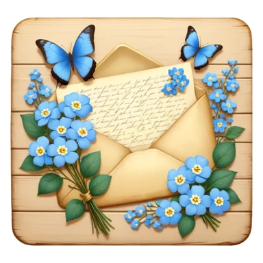 An intimate vignette of a golden wax-sealed letter placed on a vintage wooden desk, with a pair of blue butterflies hovering around a bouquet of soft ivory roses and baby blue forget-me-nots. sticker
