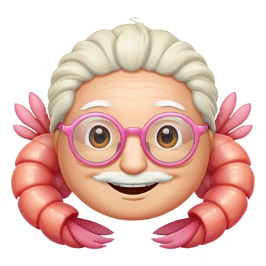 a little shrimp that is old with white hair and glasses, elderly shrimp character with white eyebrows and hair, wearing round glasses sticker