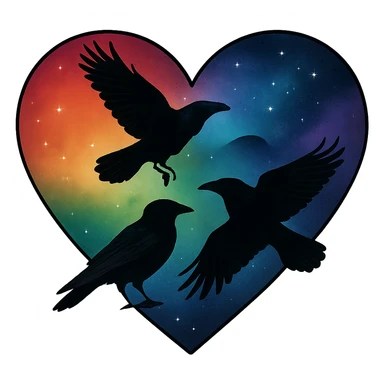 heart with rainbow night sky and dark ravens, remove background sticker