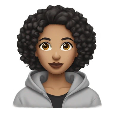 mixed girl with black curly hair (length is chest area) and wears makeup including concealer,mascara,blush, and dark brown eyes and has lips with brown lip liner combo and wearing a Nike hoodie black  sticker