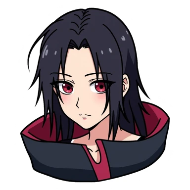 Itachi Uchiha with long black hair, Sharingan eyes, facial lines under his eyes, wearing Akatsuki cloak sticker
