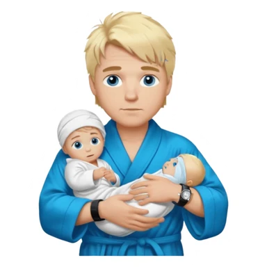 A white man with blue eyes, medium-length blond hair, a blue Cartier watch on his wrist, and a black and white bathrobe. His hair is messy, and he has a baby face. sticker