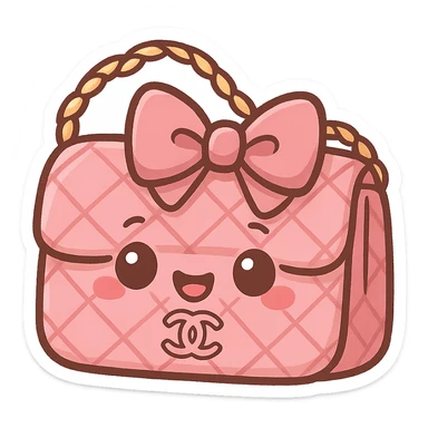 pink Chanel purse with a big bow and smiling face, cute and exaggerated chibi sticker style sticker