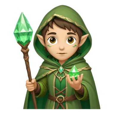 {
      "type": "human",
      "look": "forest elf mage, green cloak, wooden staff, glowing crystal tip",
      "description": "a forest elf mage in green cloak holding a wooden staff with a glowing crystal tip"
    } sticker