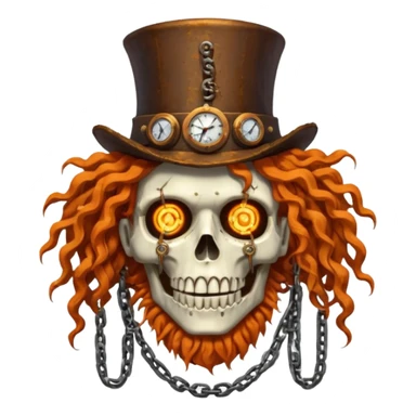 steam punk Megadeth - corpse made of rusty metal with chains on its teeth, huge curly orange hair sticker