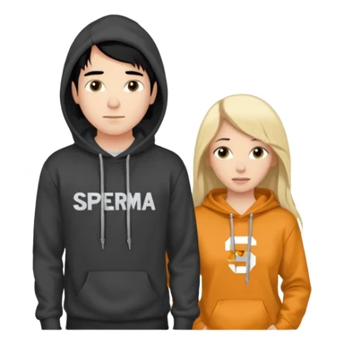 I want it to be this emote 🙍‍♂️
of a guy with black hair and a black sweatshirt with the word "sperma" written in white in the middle. Behind him, there's a pretty blonde with long hair, pulling the string on the first person's hoodie. The girl is wearing a gray sweatshirt. sticker