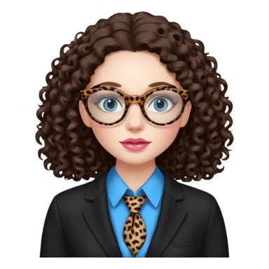 A girl with white pale skin, blue eyes, full lips, brunette long curly hair. She has a leopard print round-ish shaped glasses. She is wearing a all black suit with light pink blouse inside the suit. She is making a self care face mask  sticker