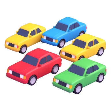 Make the four cars each a different color: red, blue, yellow, and green. Keep the 3D emoji style, detailed and stylized. Only four cars, no background. sticker