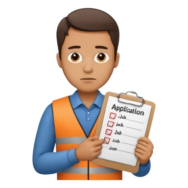 Man looking sad while holding a clipboard with a checklist that has a heading that says job application  sticker