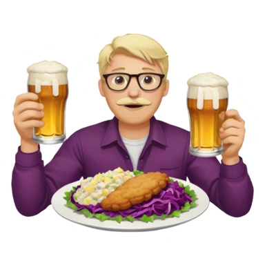 Man with wire framed glasses german eating schnitzel, red cabbage, sauerkraut, potato salad, and beer. Man is blonde and no mustache sticker