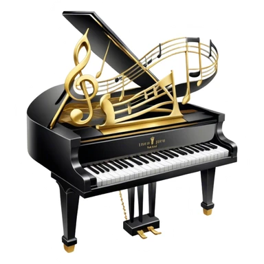 Create an elegant and festive emoji collage representing keyboard instruments, styled like a heraldic emblem. The design should feature a central focal point of black and white piano keys, arranged in a semi-circular or shield-like shape. Around the piano keys, add intertwining musical notes that form flowing ribbons, creating a dynamic and celebratory atmosphere. The design should be professional, with polished silver and gold accents on the keys and notes, highlighting the luxury and sophistication of the instruments. Add subtle shading and lighting effects to give the design a refined, 3D appearance. The background should remain transparent, and the overall feel should evoke grandeur, artistry, and a sense of celebration. sticker