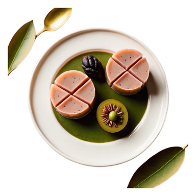 Una composición de arte en miniatura, estilo flat lay: un trozo de manteca de Karité o cacao cruda con una pequeña ramita de oliva y pétalos de rosa seca alrededor. Colores: tonos tierra, verde oliva y crema. Estilo: orgánico y de estudio fotográfico. Fondo suave. sticker