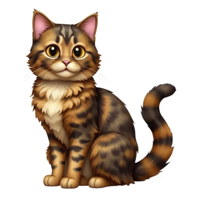 cinematic-[tortoiseshell tabby cat]-realistic-full-body-sitting-emoji,-tail-curled-playfully-around-its-paws,-head-tilted-dramatically,-scruffy-[dark tortoiseshell coloured]-fur,-simplified-yet-realistic-focused-features,-highly-detailed,-glowing-with-an-almost-sarcastic-glow sticker