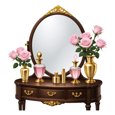 A romantic scene of a vintage vanity with a glass vase of light pink roses and golden perfume bottles sticker