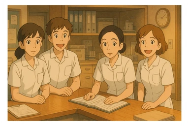 Four nursing students inspired by provided photos, in a care station, Ghibli style, white short-sleeve uniforms with V-neck collar and left chest pocket, no stethoscopes or clothing under sleeves, warm ambiance. sticker