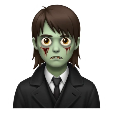 Zombie, emo guy with dark circles under his eyes and long brown hair with straight bangs, in a black long
 sticker