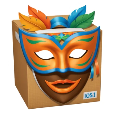 a box and a carnival mask in orange, blue and green on top of it , trying to make a carnival pack sticker
