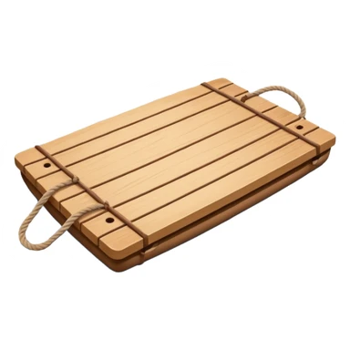 showing a simple wooden raft floating on calm blue water — made of several brown logs tied together with rope — gentle ripples around it — bright, cheerful lighting and soft shadows — minimalist, clean emoji design sticker
