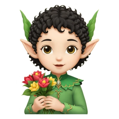 baby elf black curly hair with pointy ears, hold flowers sticker