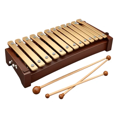 Create a detailed and professional emoji representing a Fleet FLT-SX37 orchestral wooden xylophone. The design should showcase the large, wooden bars of the xylophone arranged in a traditional layout, with a polished, smooth finish. The bars should be dark brown or mahogany, with soft metallic reflections on the resonators underneath. Include two mallets with rubber or wooden heads resting on the bars, emphasizing their role in striking the notes. The xylophone should have a sophisticated and professional appearance, with clean lines and a polished look. Add subtle musical notes or sound waves to represent the vibrant sound produced by the instrument. The background should be transparent. sticker