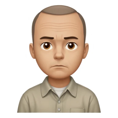 Carl from Sling Blade, serious expression, recognizable features, chin sticking out, slouching posture, no glasses, shirt with collar,  side view,show his entire body, he is standing. three-quarter face angle. He sticks his head forward. face should be more realistic sticker