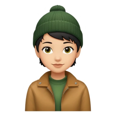 tan skin, non binary person with pixie cut black hair, wearing brown jacket and dark green beanie, shy smile  sticker