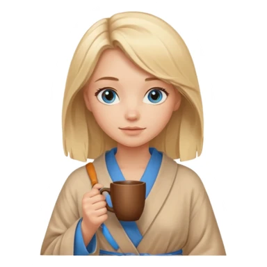 cozy blonde girl with middle length hair and blue eyes holds a brown cup in beige  robe sticker