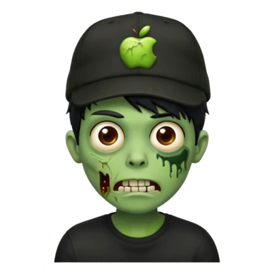 Green zombie, black hair, designer cap turned to the left, black shirt. Apple iOS style. sticker