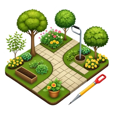 Icon for Landscape Design: a garden layout with plants, trees, paths, and design tools like a spade, pencil and measuring tape. The icon should represent creativity in outdoor space planning and gardening. Transparent background. sticker