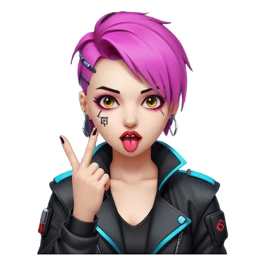 Woman with her tongue out in cyberpunk clothing and giving the middle finger. Looking naughty. sticker