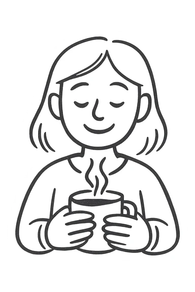 casual pen sketch style emoji of a woman with a gentle smile, both hands around a steaming coffee cup, minimalistic lines, mostly black and white, cozy peaceful vibe, expressive face sticker